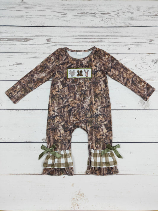 Baby Deer Camouflage Appliqué Ruffled Romper: 12-18M