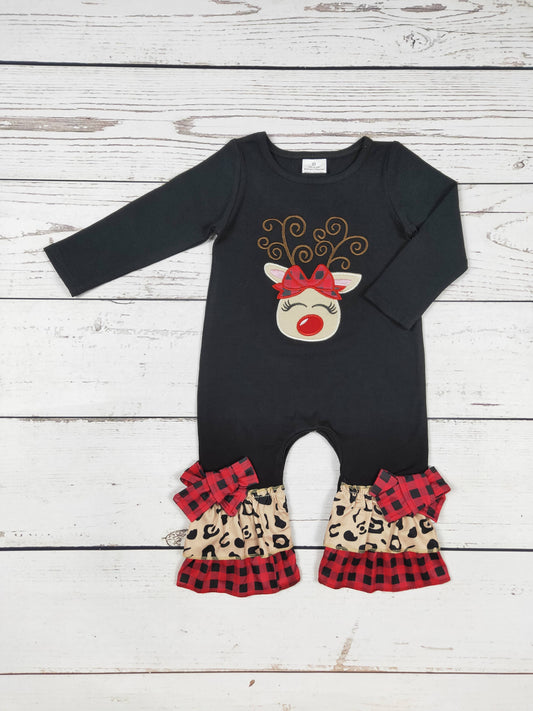 Baby Girls Deer Appliqué Christmas Romper: